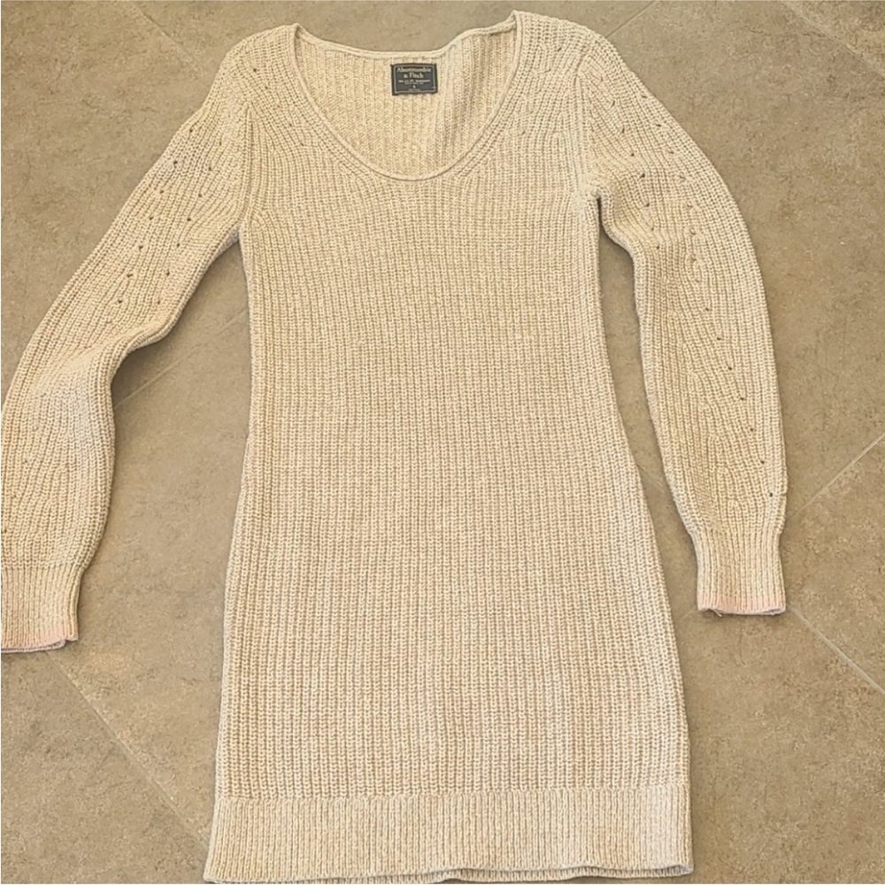 Abercrombie & Fitch Cream Knit Long-Sleeve Mini Dress